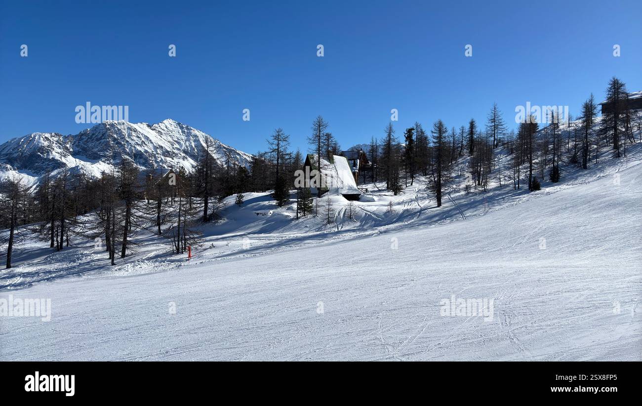 Piedmont Italy Sansicario. Ski resort snow and beautiful mountains. Alps. Alpine Mountain View skiing holiday travel outdoors beautiful winter landsca - Smartphone Captured Stock Image