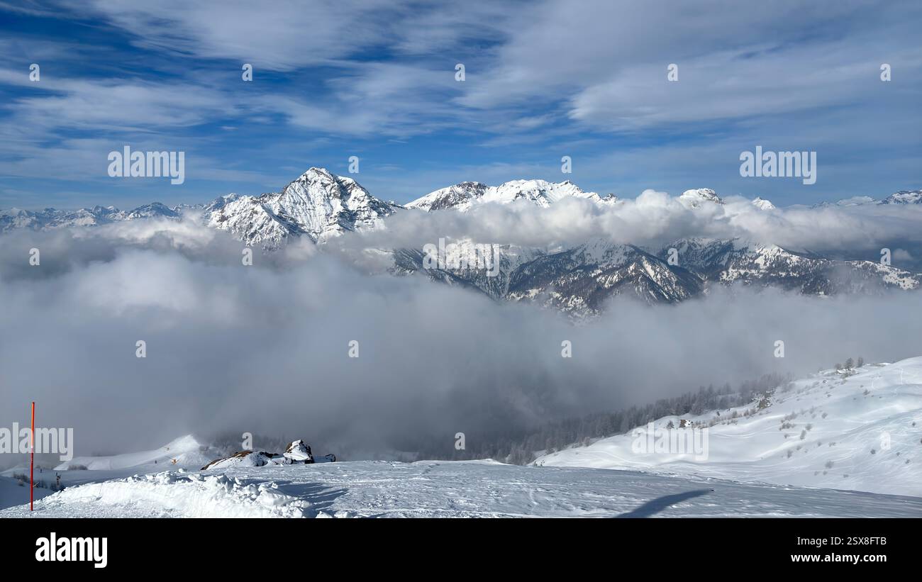 Piedmont Italy Sansicario. Ski resort snow and beautiful mountains. Alps. Alpine Mountain View skiing holiday travel outdoors beautiful winter landsca - Smartphone Captured Stock Image