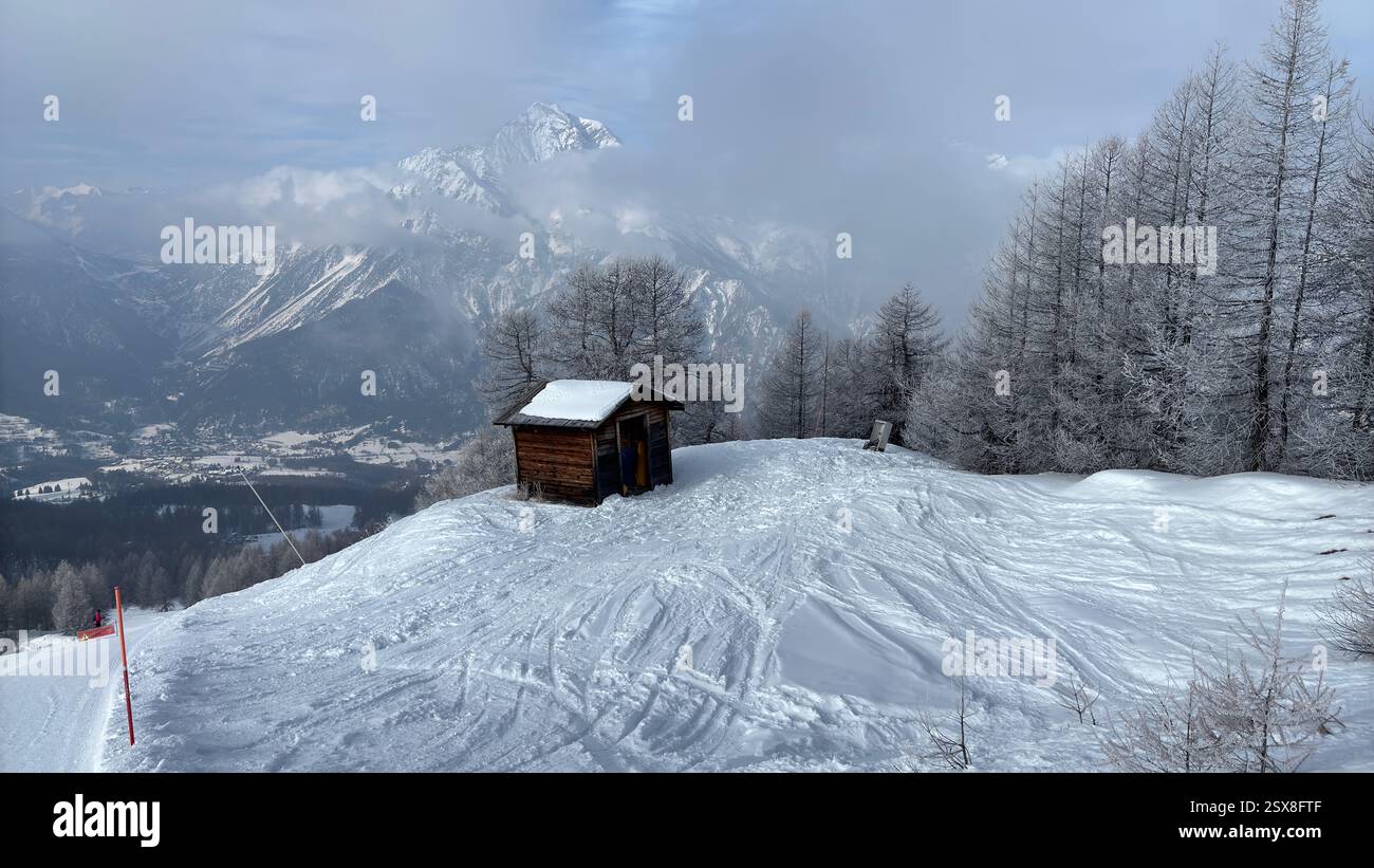 Piedmont Italy Sansicario. Ski resort snow and beautiful mountains. Alps. Alpine Mountain View skiing holiday travel outdoors beautiful winter landsca - Smartphone Captured Stock Image