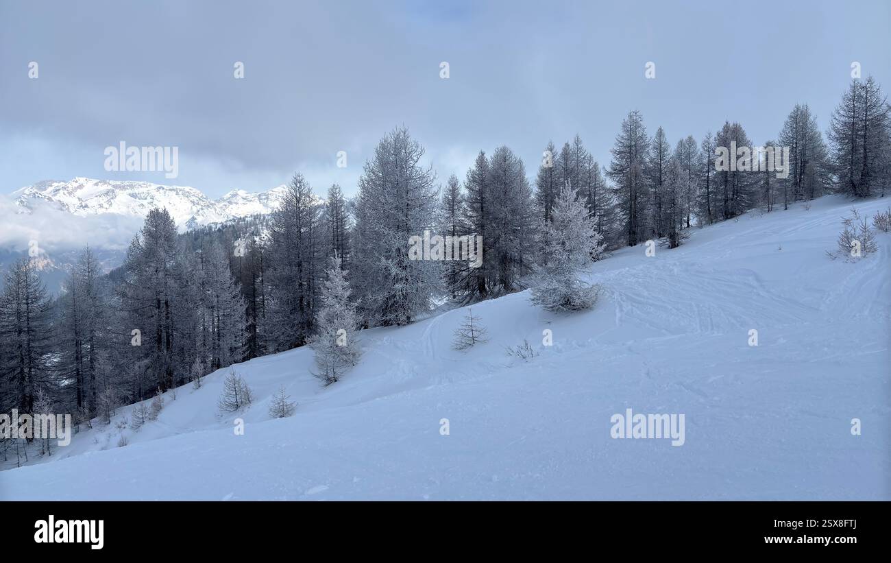Piedmont Italy Sansicario. Ski resort snow and beautiful mountains. Alps. Alpine Mountain View skiing holiday travel outdoors beautiful winter landsca - Smartphone Captured Stock Image