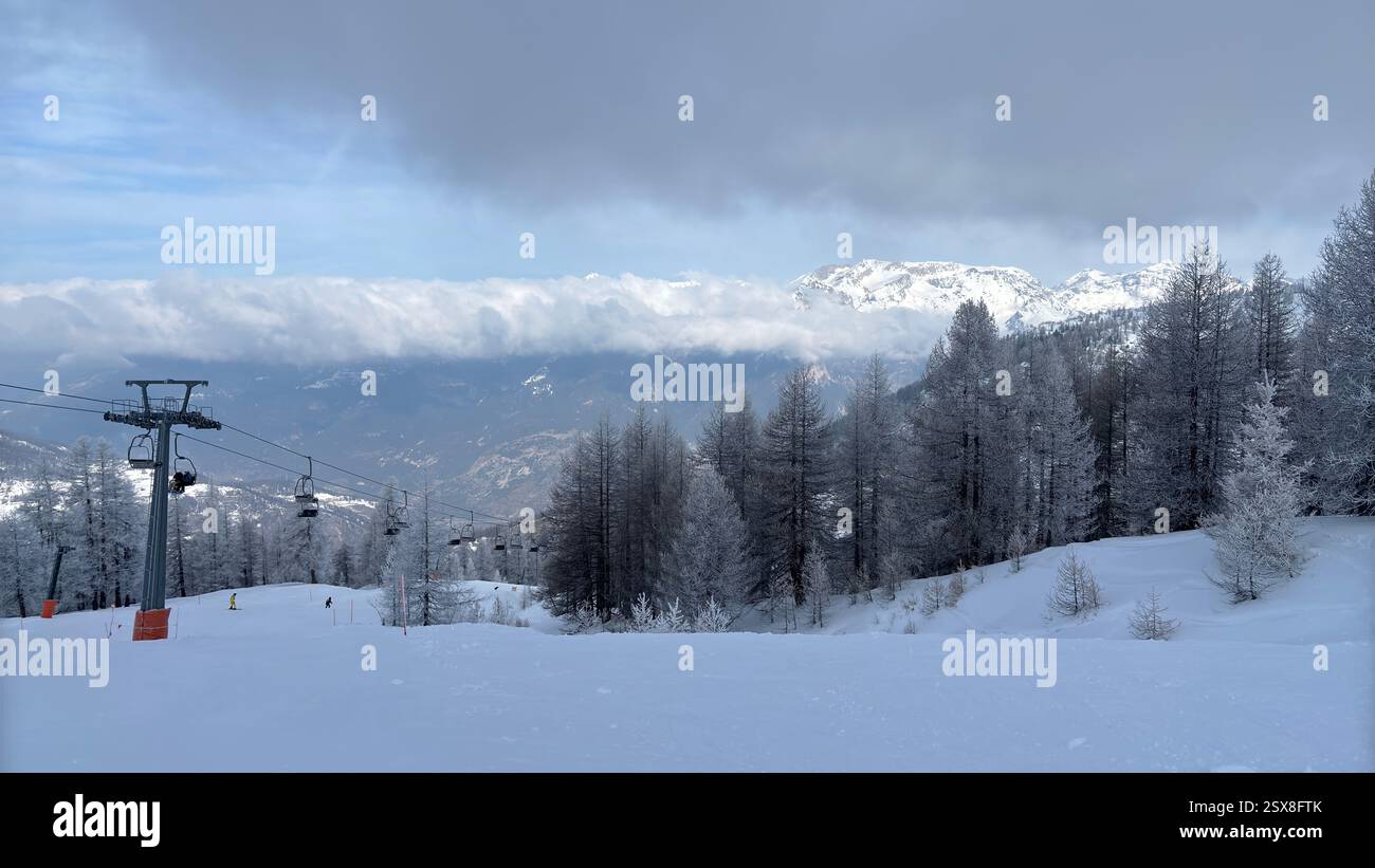 Piedmont Italy Sansicario. Ski resort snow and beautiful mountains. Alps. Alpine Mountain View skiing holiday travel outdoors beautiful winter landsca - Smartphone Captured Stock Image