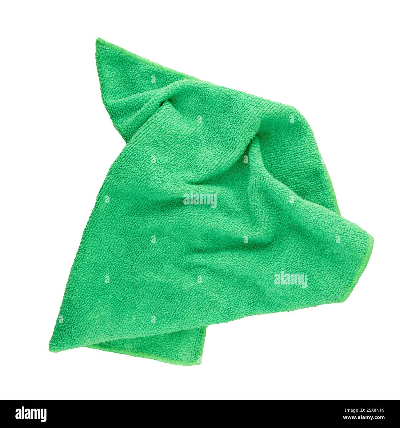 Top view of a folded green microfiber cleaning cloth isolated on a ...