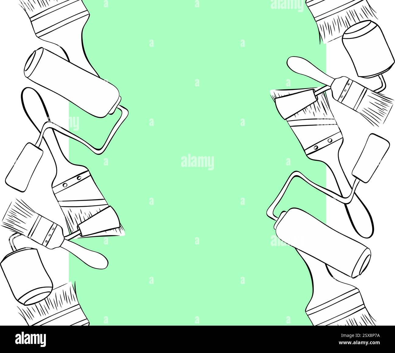 Paint roller and brushes seamless border vertical frame. Vector graphic line ink background . Creativity and renovation concept. roller brush and draw Stock Vector