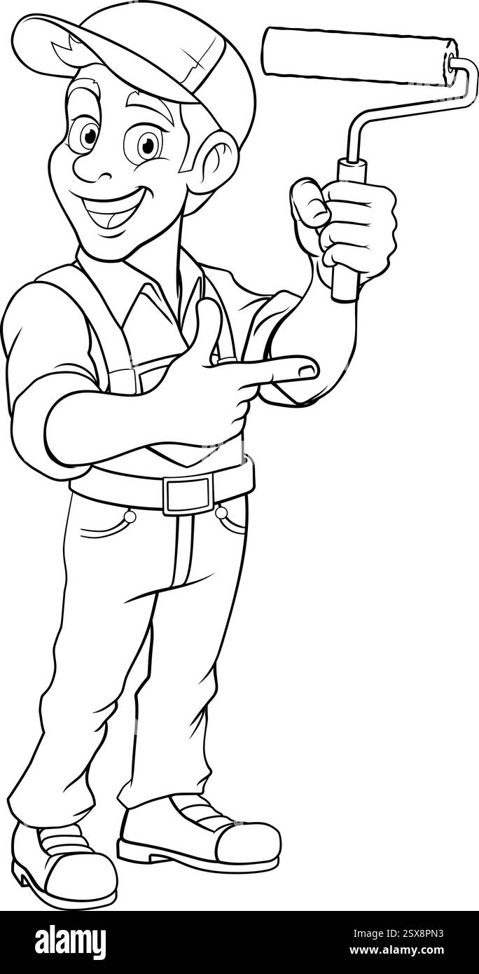 Painter Decorator Cartoon Paint Roller Handyman Stock Vector