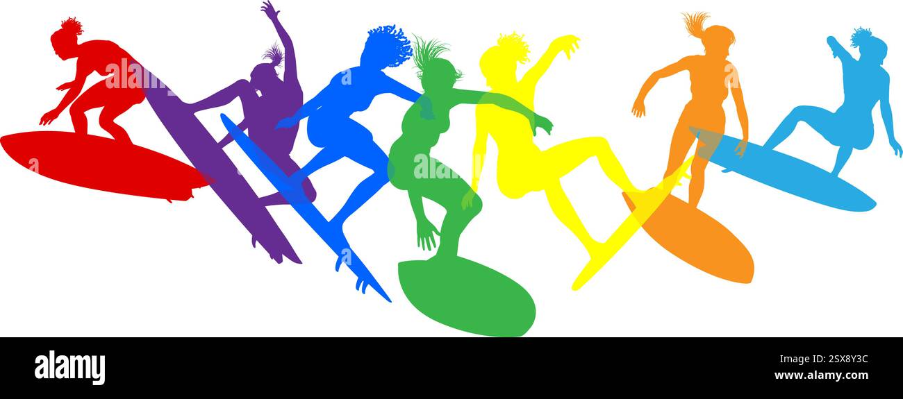 Surfer Surfboard Surfers Women Female Silhouettes Stock Vector Image ...