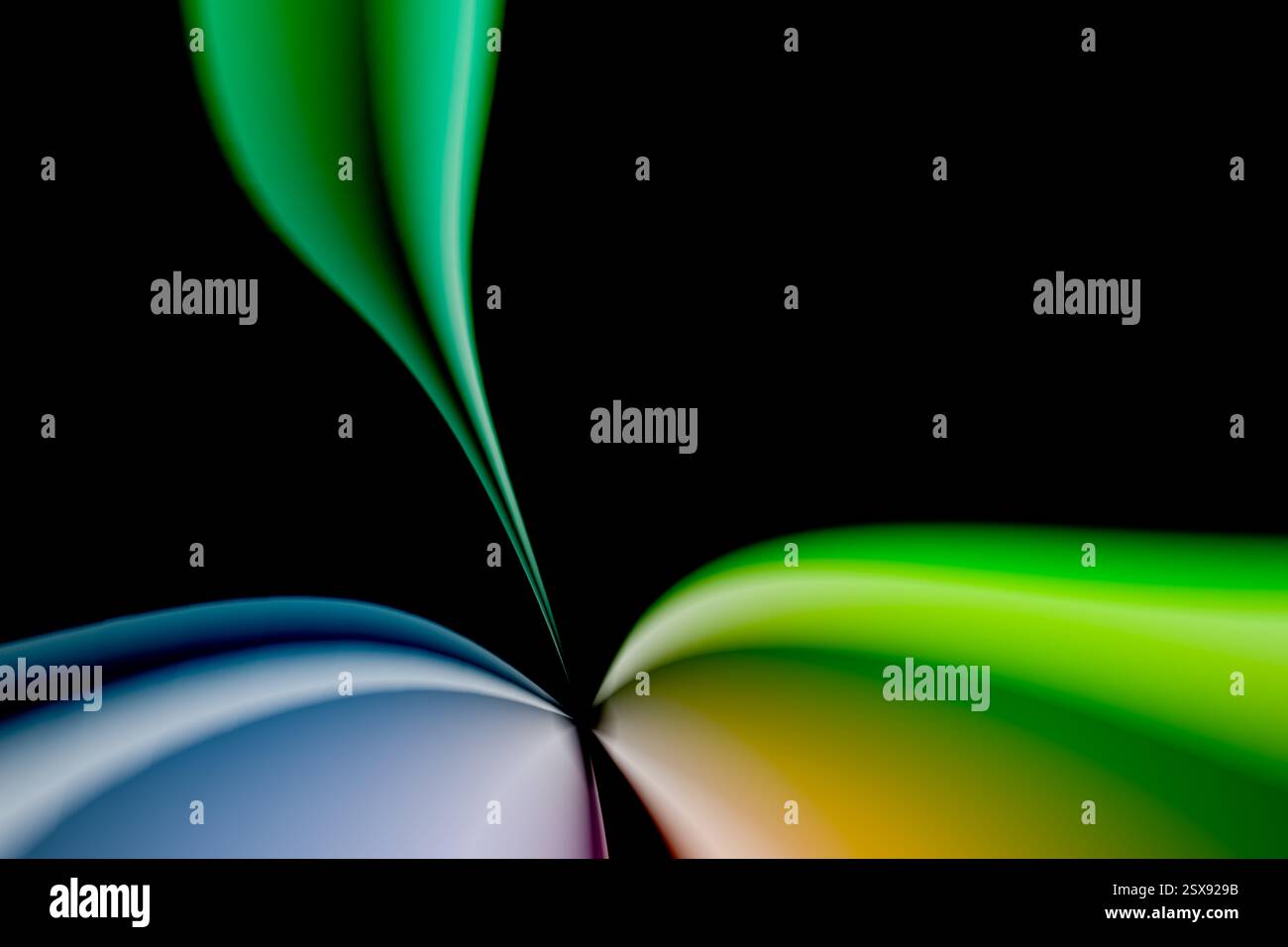 abstract background, fluid ornate 3d wave shapes. vertical leaf. colorful horizontal in lower third. teal blue, yellow, green gradient on black, copy Stock Photo