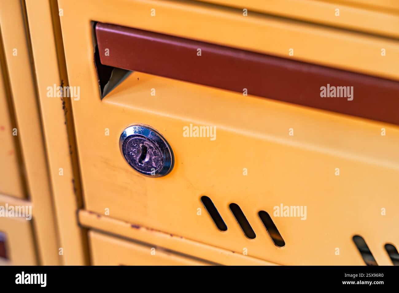 Old mailboxes, damaged mailboxes, attempt to steal correspondence from mailboxes, secrecy of correspondence Stock Photo