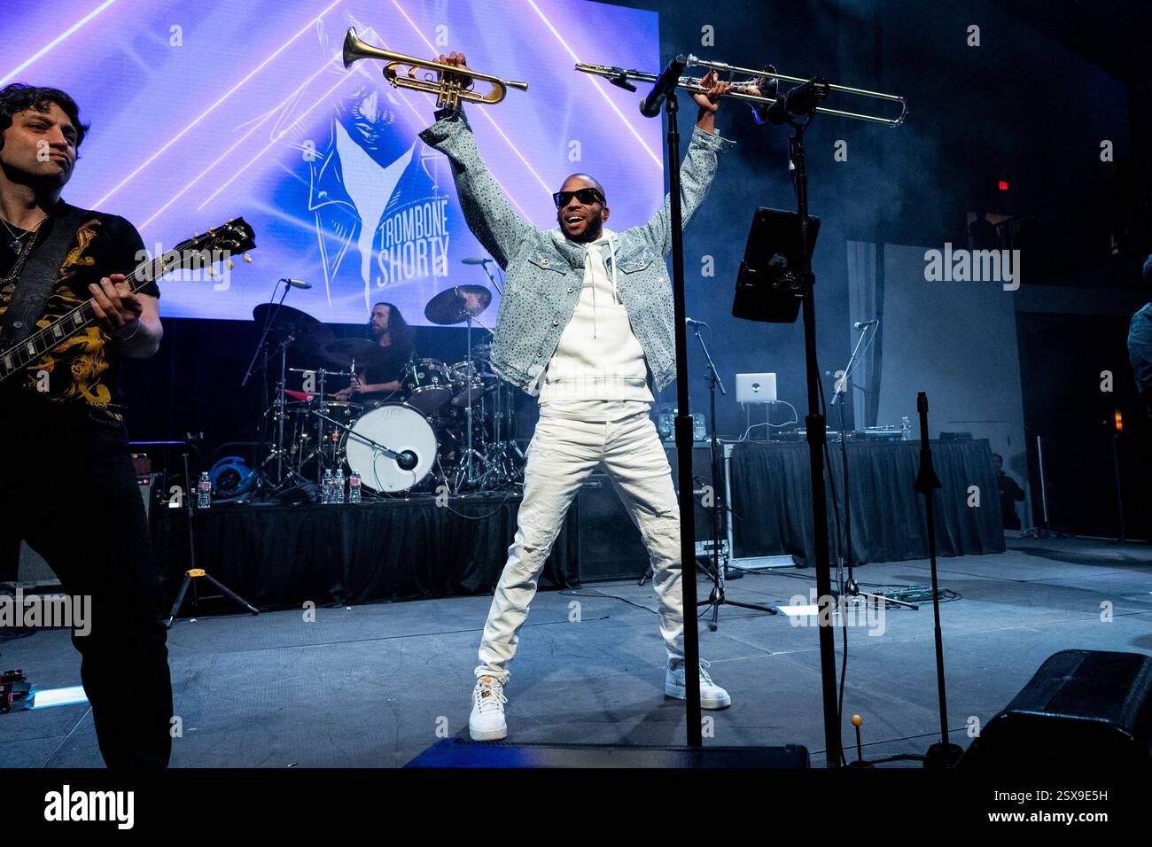 Trombone Shorty of Trombone Shorty & Orleans Avenue performs during Shorty Gras on Saturday, Feb