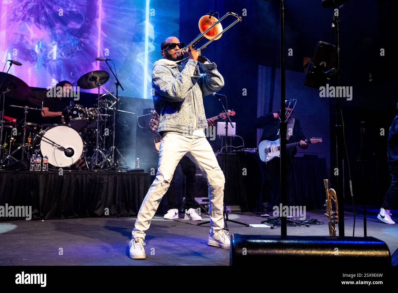Trombone Shorty of Trombone Shorty & Orleans Avenue performs during Shorty Gras on Saturday, Feb