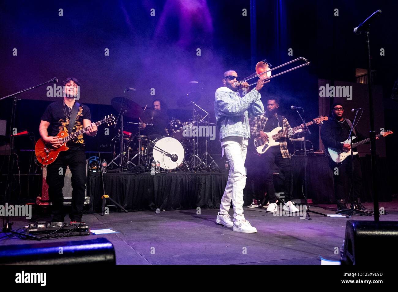 Trombone Shorty of Trombone Shorty & Orleans Avenue performs during Shorty Gras on Saturday, Feb
