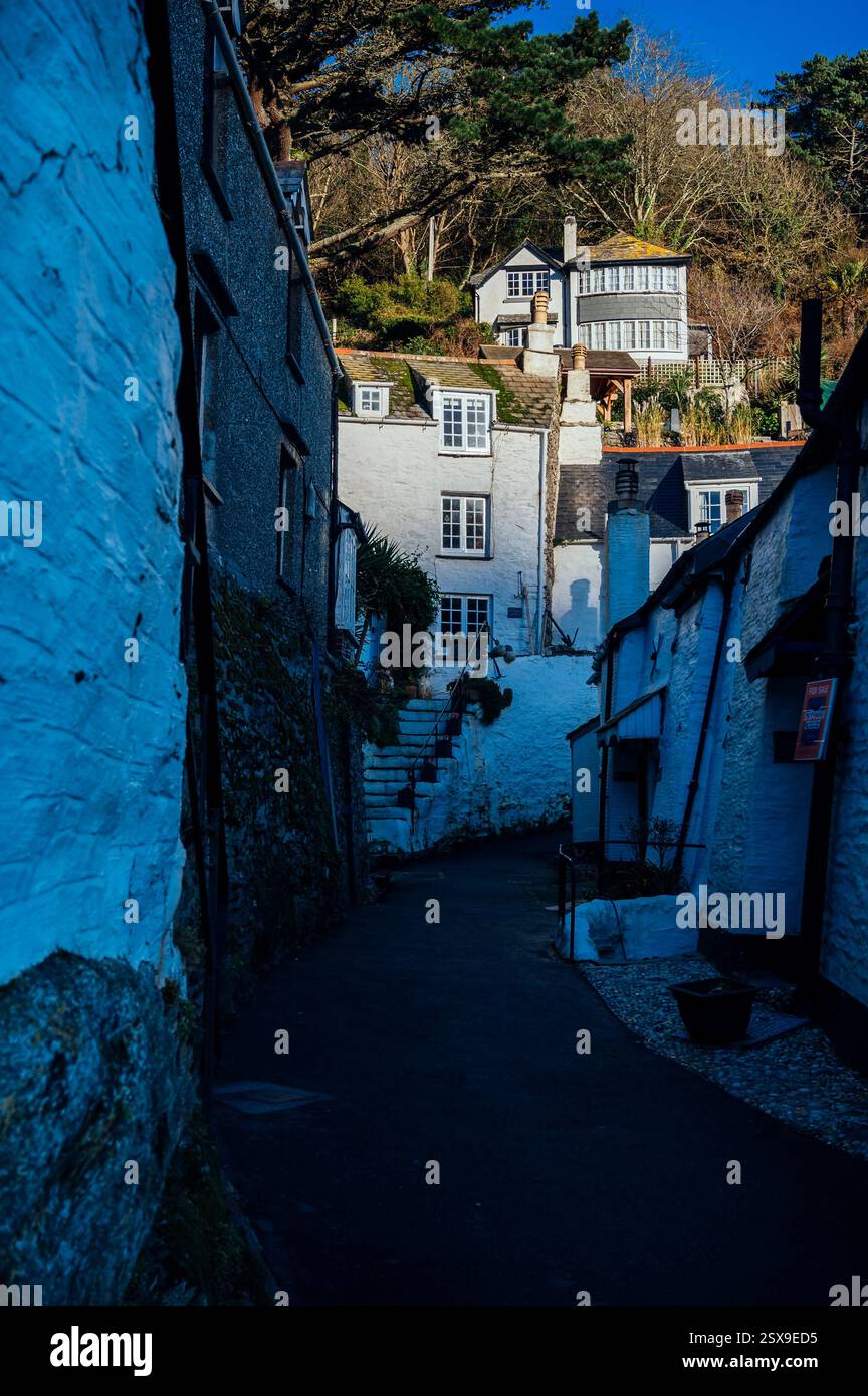 Narrow streets between fishermen's cottages, the warren, Polperro, Cornwall, UK Stock Photo