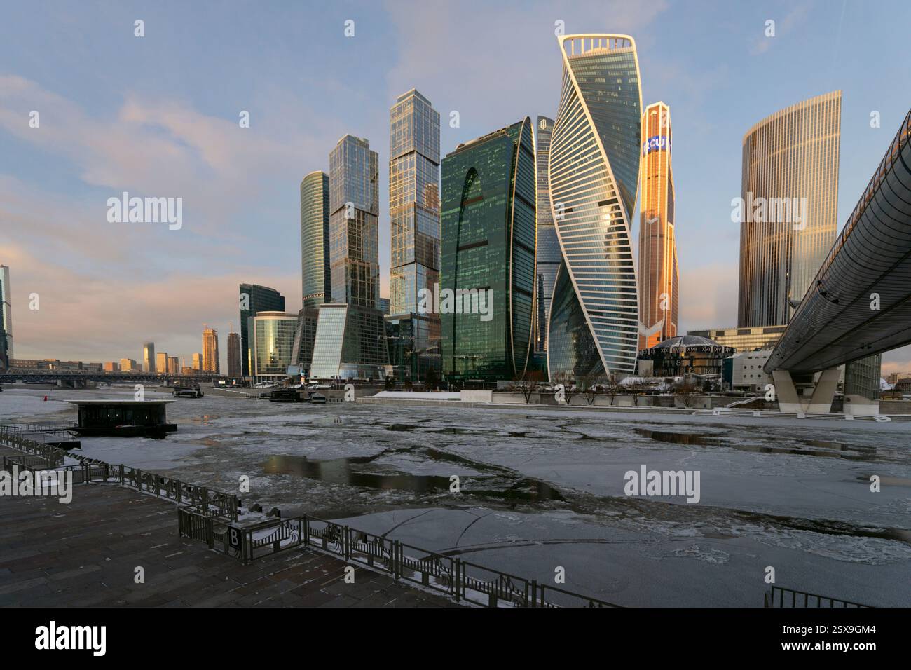 Moscow, Russia - December 19, 2024: Moscow City on a winter morning, Moscow business center. Skyscrapers and Bagration Bridge, Moscow River. Stock Photo