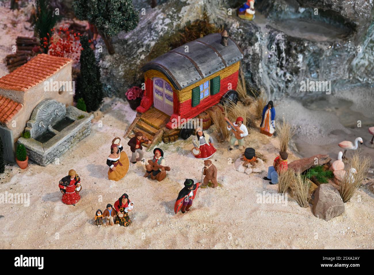 Model of a Gypsy or Roma Camp, in the Camargue Provence, Composed of Santons or Santon Clay Models & Figurines Provence France Stock Photo
