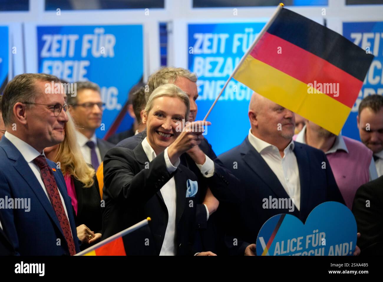Leader of far right AfD Alice Weidel waves a German flag at the AfD ...