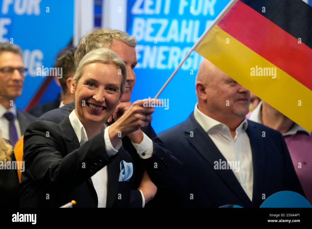 Leader of far right AfD Alice Weidel waves a German flag at the AfD ...