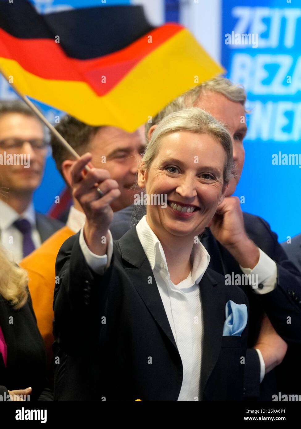 Leader of far right AfD Alice Weidel waves a German flag at the AfD ...