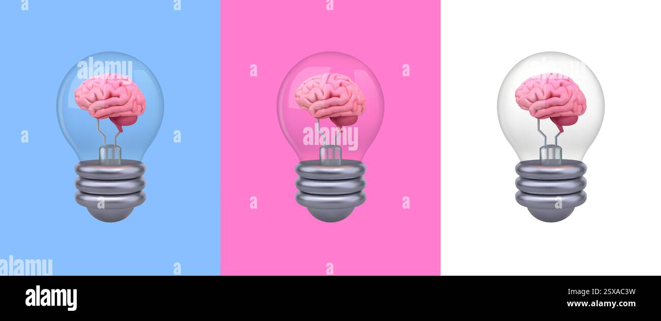 3D brain in bulb. Psychology mind. Artificial intelligence. Lightbulb idea. Light render elements. Intellect think. Mental power. Creativity and insight. Solution technology. Vector brainstorm set Stock Vector
