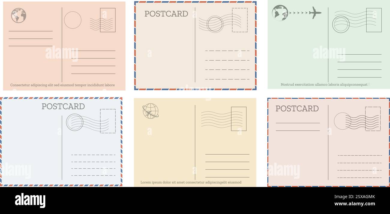 Postal Design Vintage paper postal cards. Greetings postcard template set isolated ...