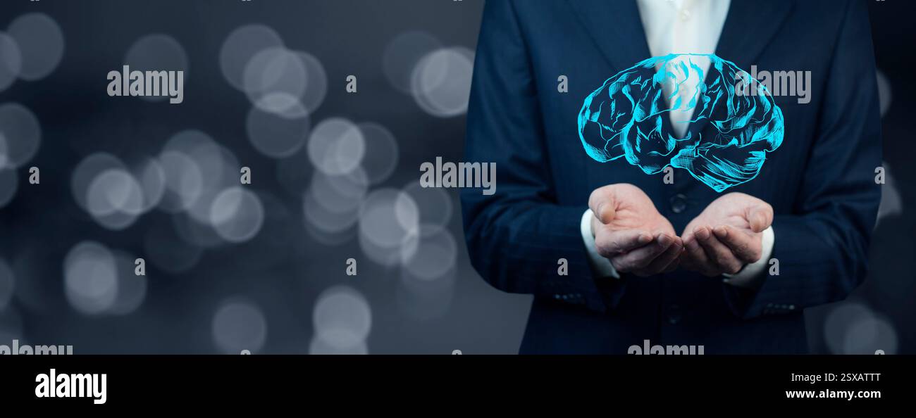 businessman holding digital image of brain in palm Stock Photo - Alamy