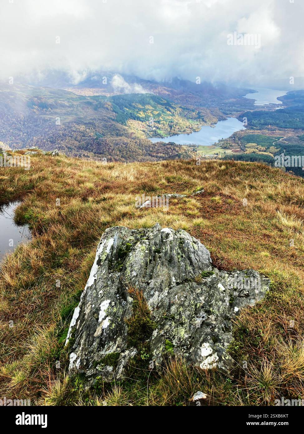 On the summit of Ben Venue with a view towards Loch Achray and Loch Venacher, The Trossachs, Scotland - Smartphone Captured Stock Image