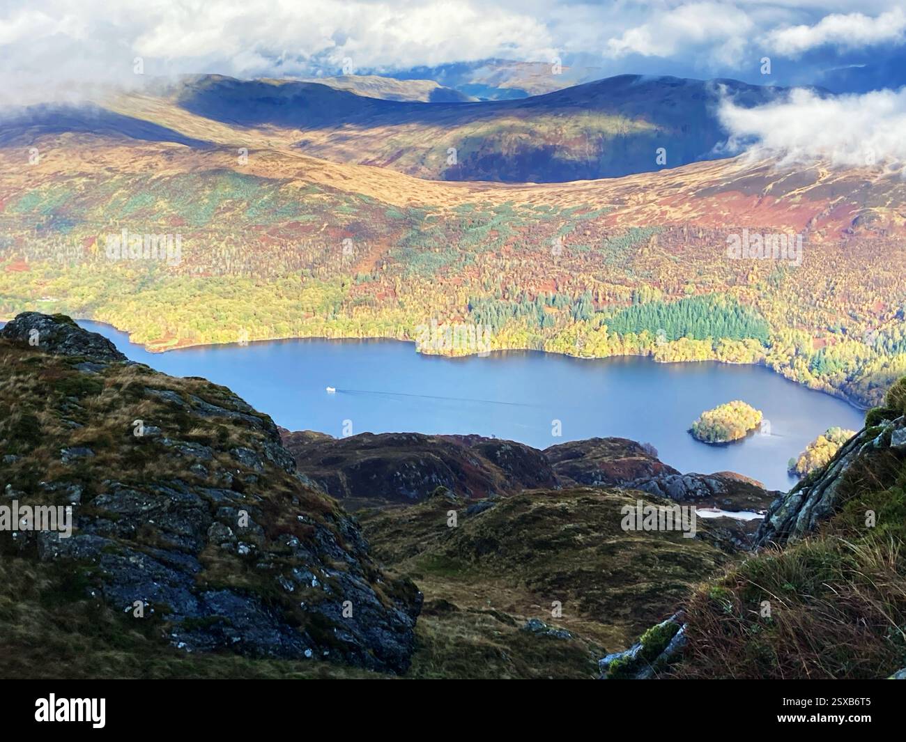 On the summit of Ben Venue with a view across Loch Katrine, The Trossachs, Scotland - Smartphone Captured Stock Image