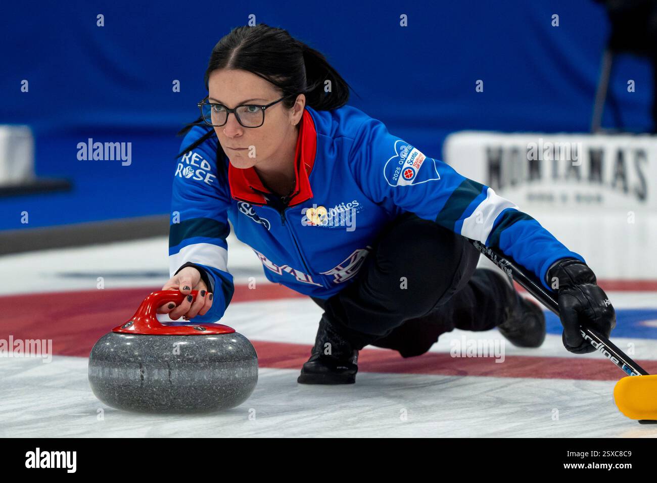Manitoba skip Kerri Einarson delivers a rock against Canada in the finals during the Scotties