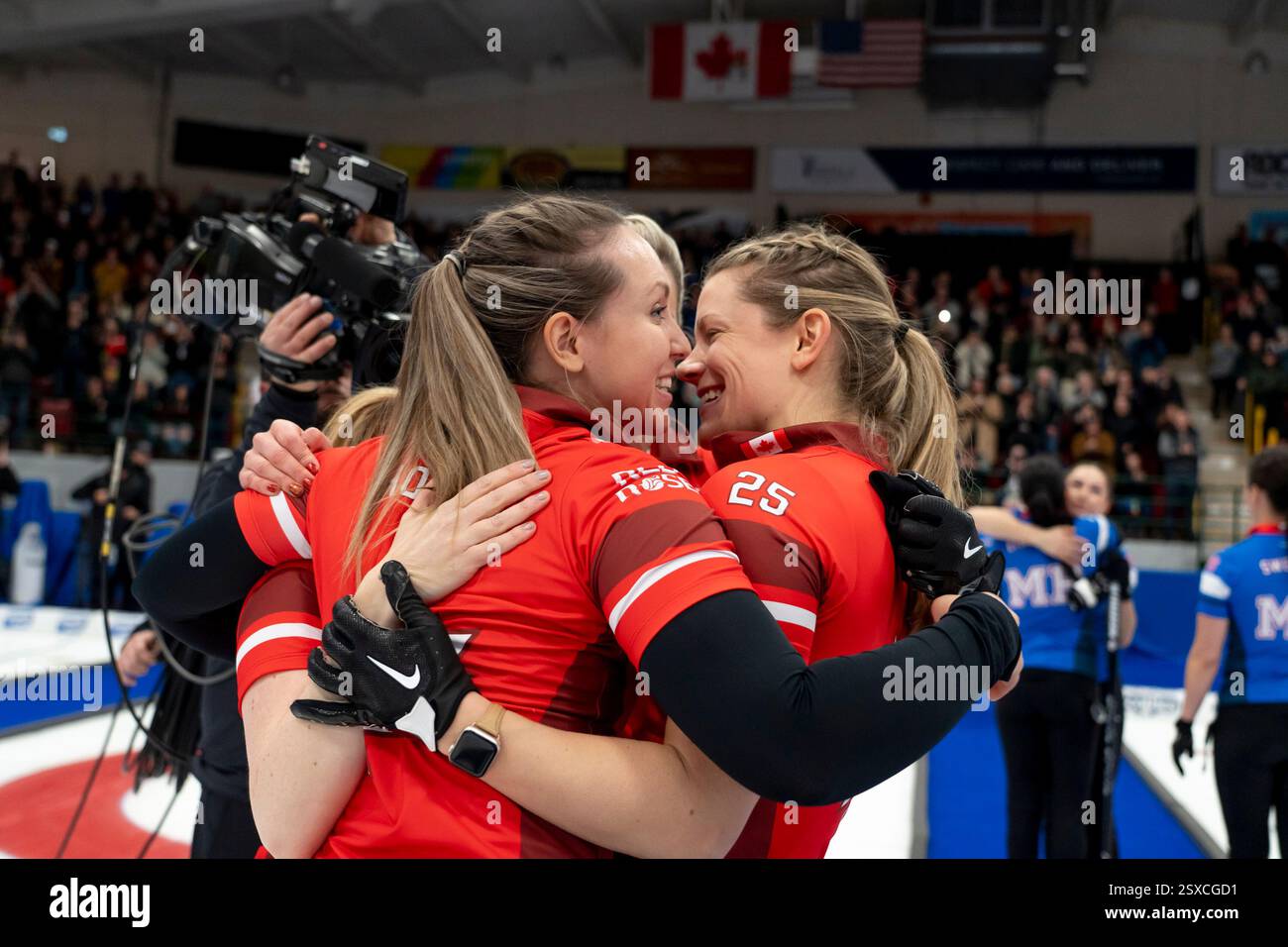 Team Canada skip Rachel Homan celebrates with her teammates after defeating Team Manitoba in the
