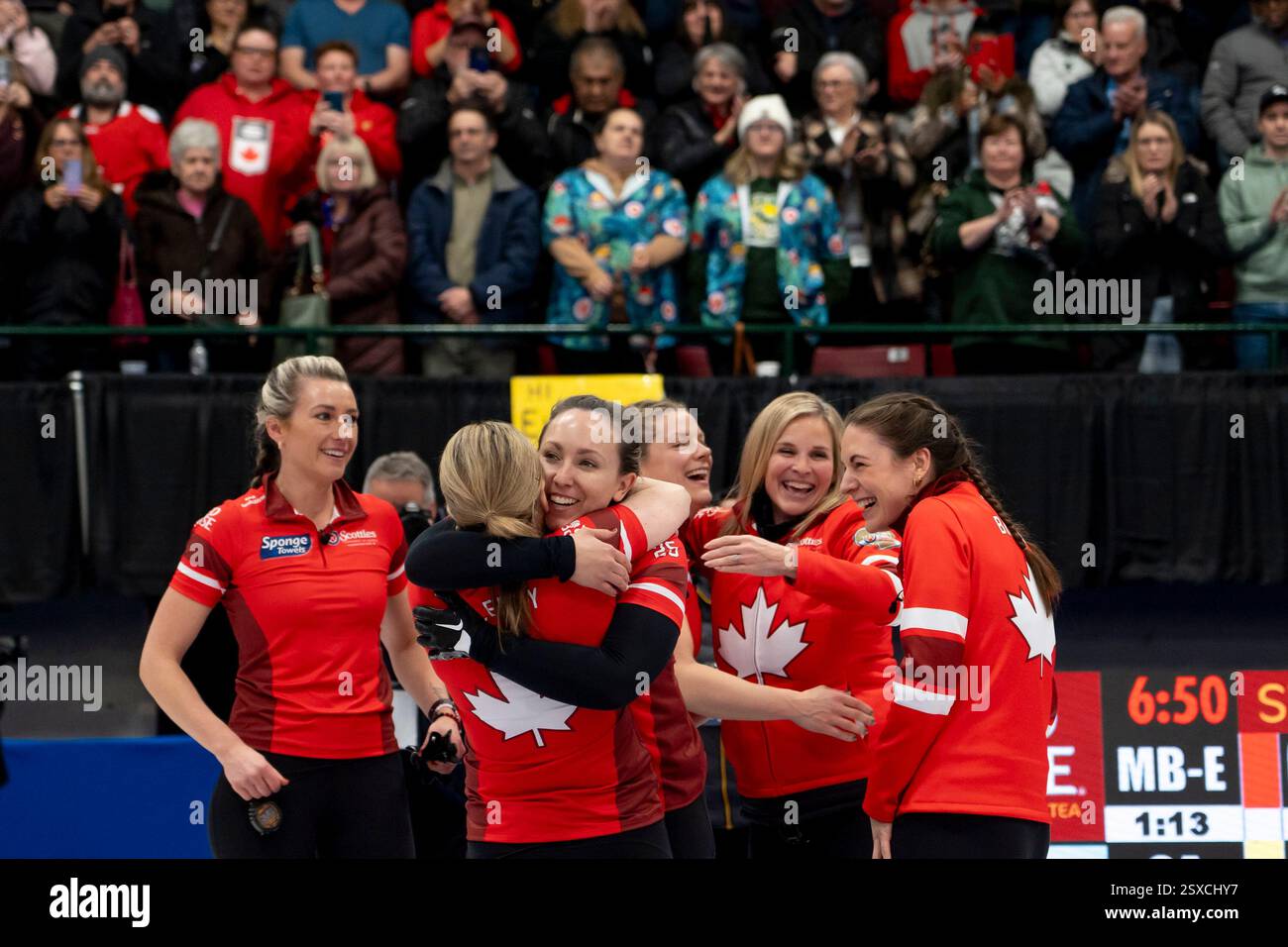 Team Canada skip Rachel Homan celebrates with her teammates after defeating Team Manitoba in the