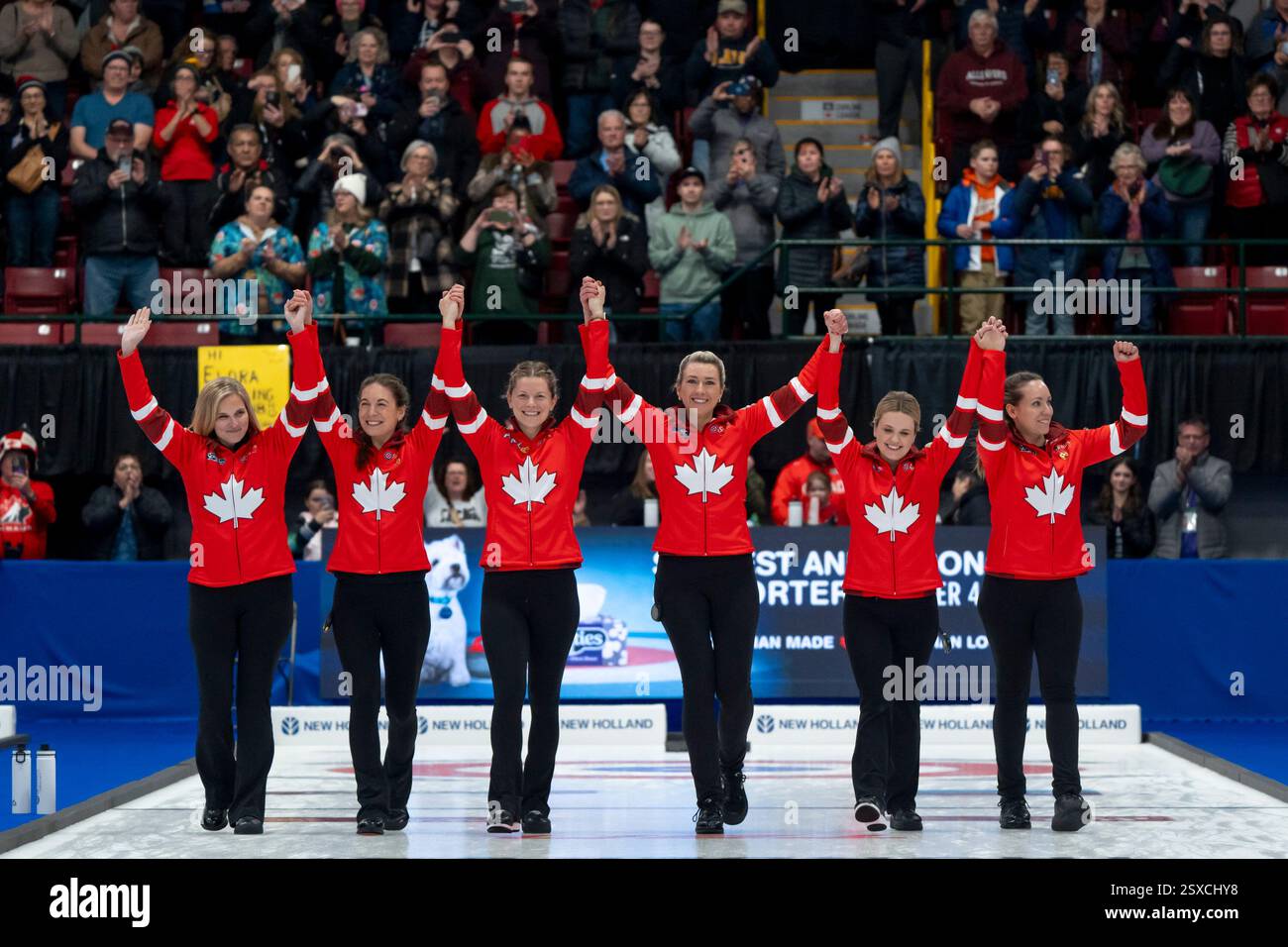 Team Homan celebrate after defeating Team Manitoba in the finals during the Scotties Tournament