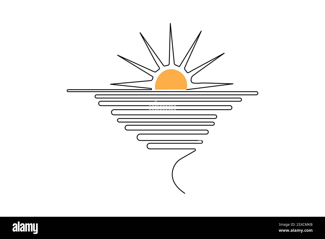 Sunset one line drawing of minimalist vector icon with black and white ...