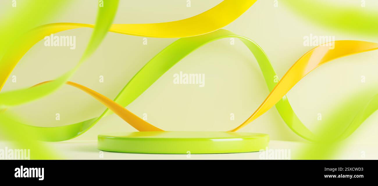 3D green round podium with flowing yellow and lime ribbons on light background. Empty display platform with curving bright streams for product presentation. Abstract spring studio composition. Stock Vector