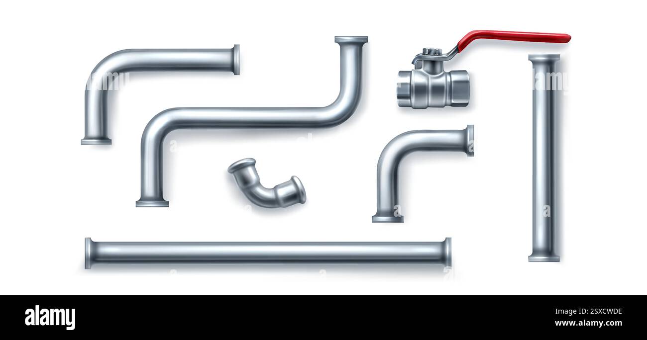 Plumbing 3d metal pipe elements set - straight tubes, curved connections and joints, valve with red handle. Chrome steel industrial parts with fittings, corners, elbows for construction design. Stock Vector