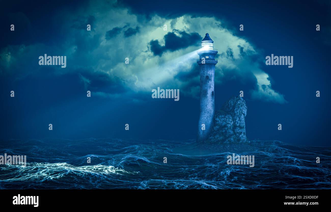Lonely lighthouse on rugged rock amidst turbulent ocean waves, casting ...