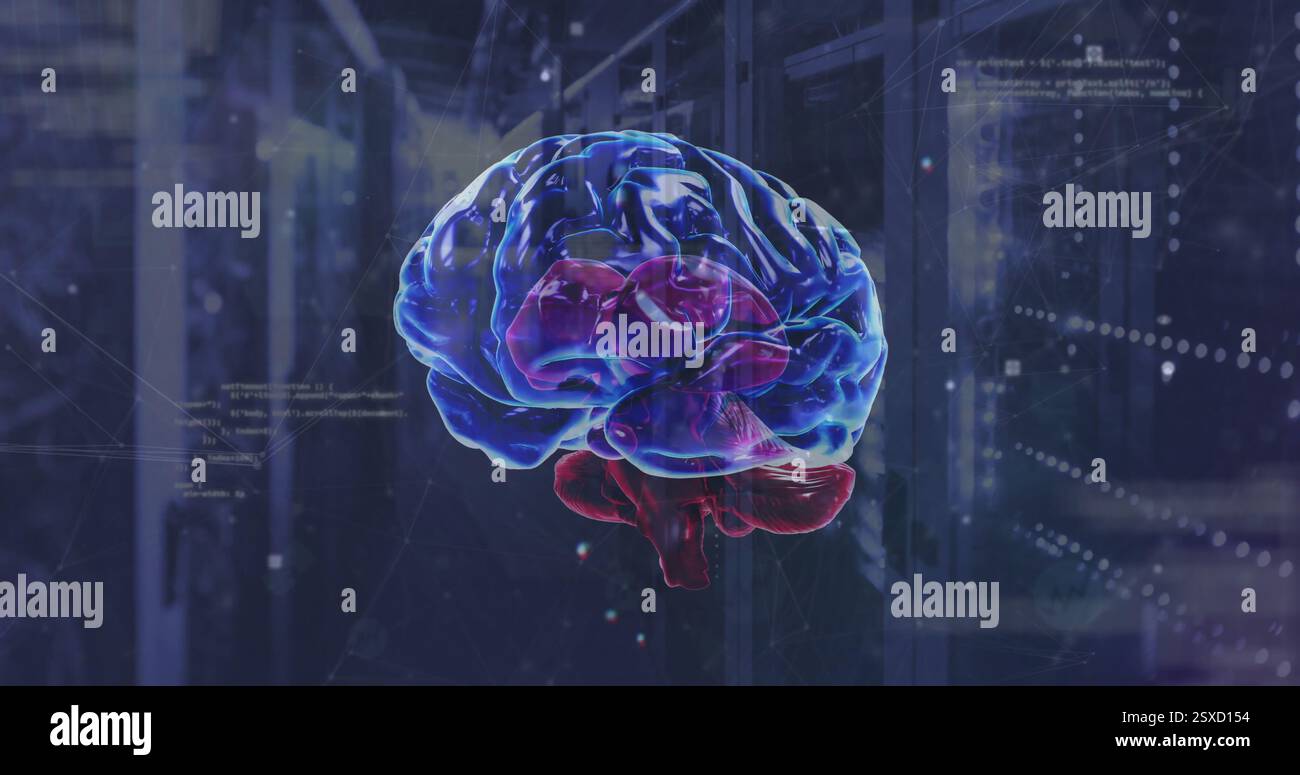 Image of rotating brain over network and processing data on dark background Stock Photo
