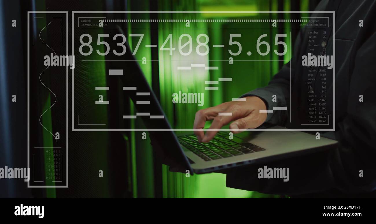 Image of data processing over asian male it engineer using laptop Stock Photo