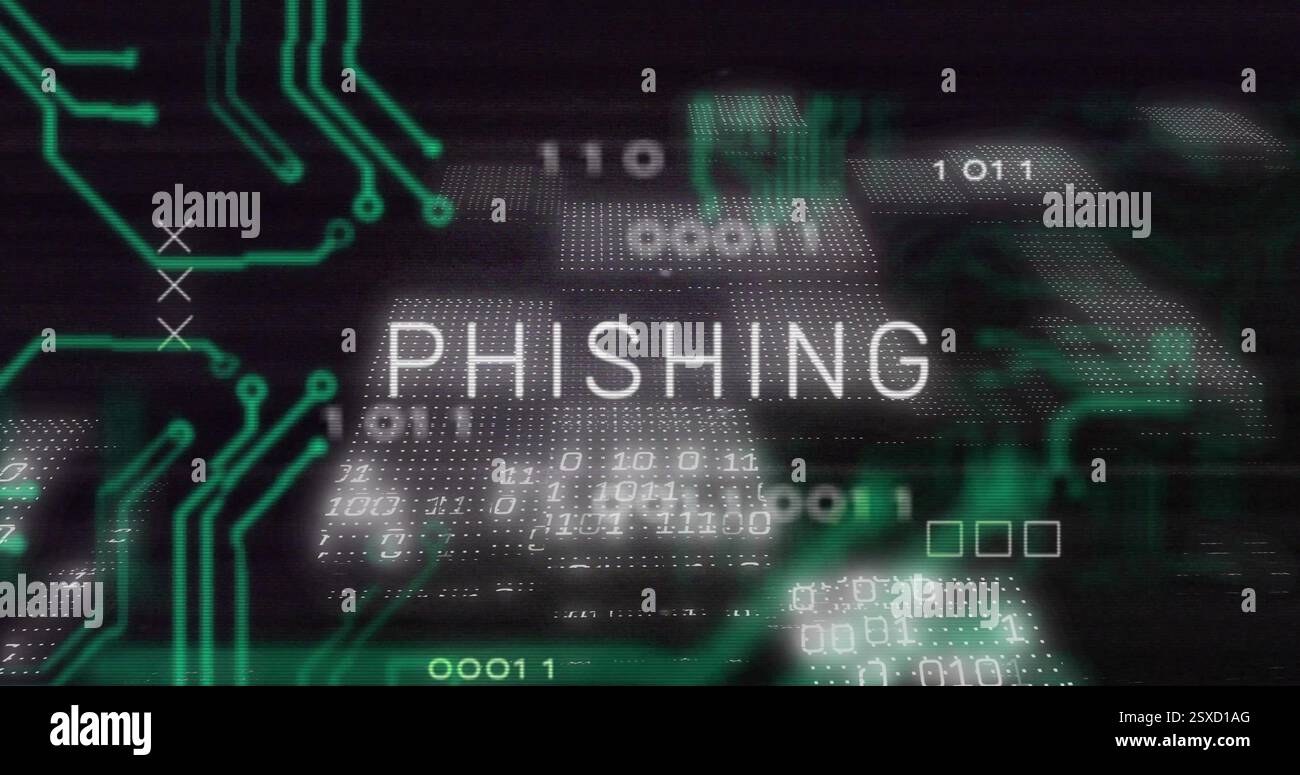 Image of circuit board, phishing text and data processing over black background Stock Photo