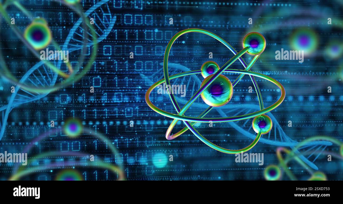 Image of dna strand and scientific data processing over binary coding Stock Photo