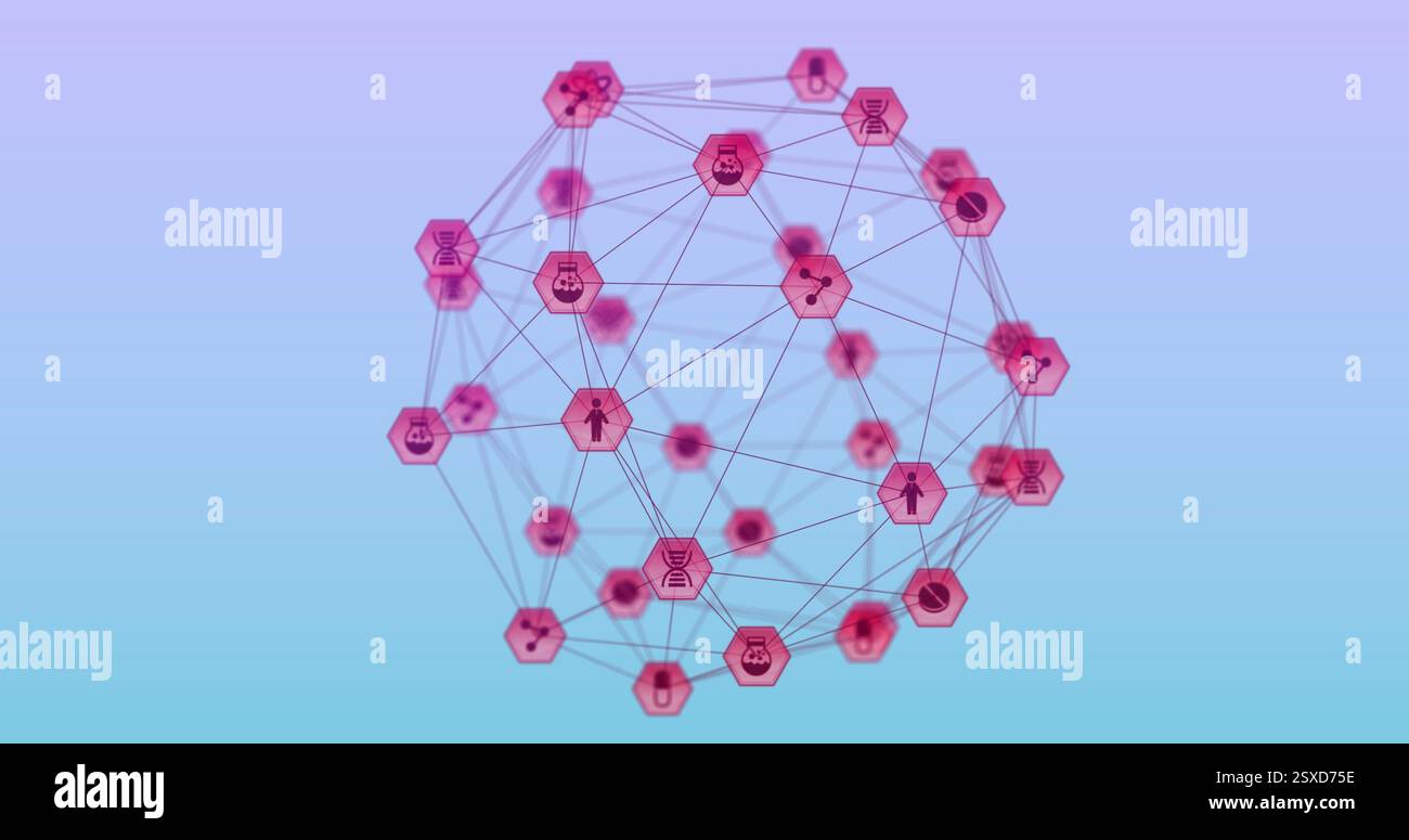 Image of global network of communication and science icons over blue ...