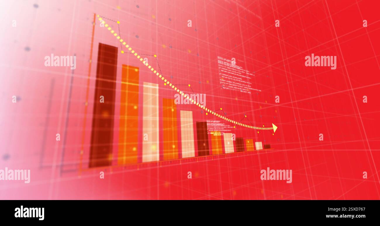 Image of financial data processing and statistics on red background Stock Photo