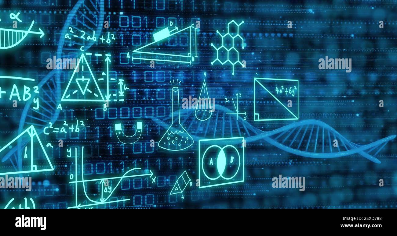 Image of dna strands and scientific data processing over binary coding Stock Photo