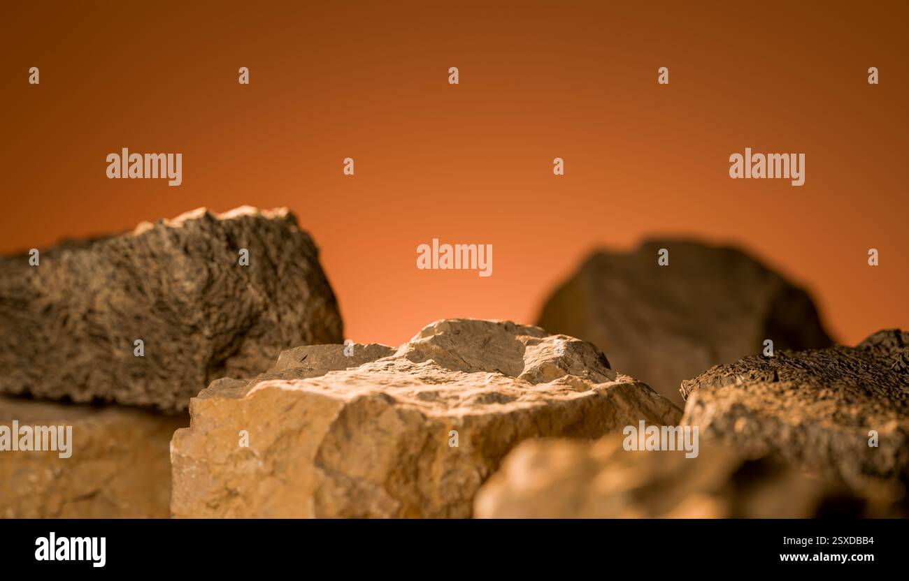 Natural stone podium with warm lighting, rugged stone texture, earthy tones, ideal for product placement, rocky surface, textured stones, warm orange Stock Photo