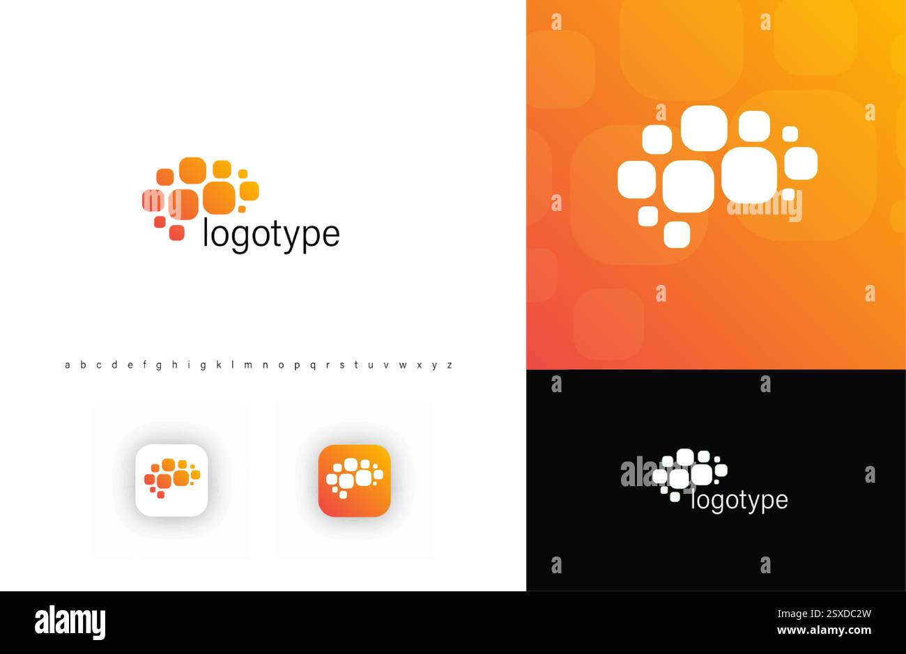 Abstract brain, orange digital blocks logo. Represents digital technology, communication, and innovation. Ideal for data analytics, networking, AI Stock Vector