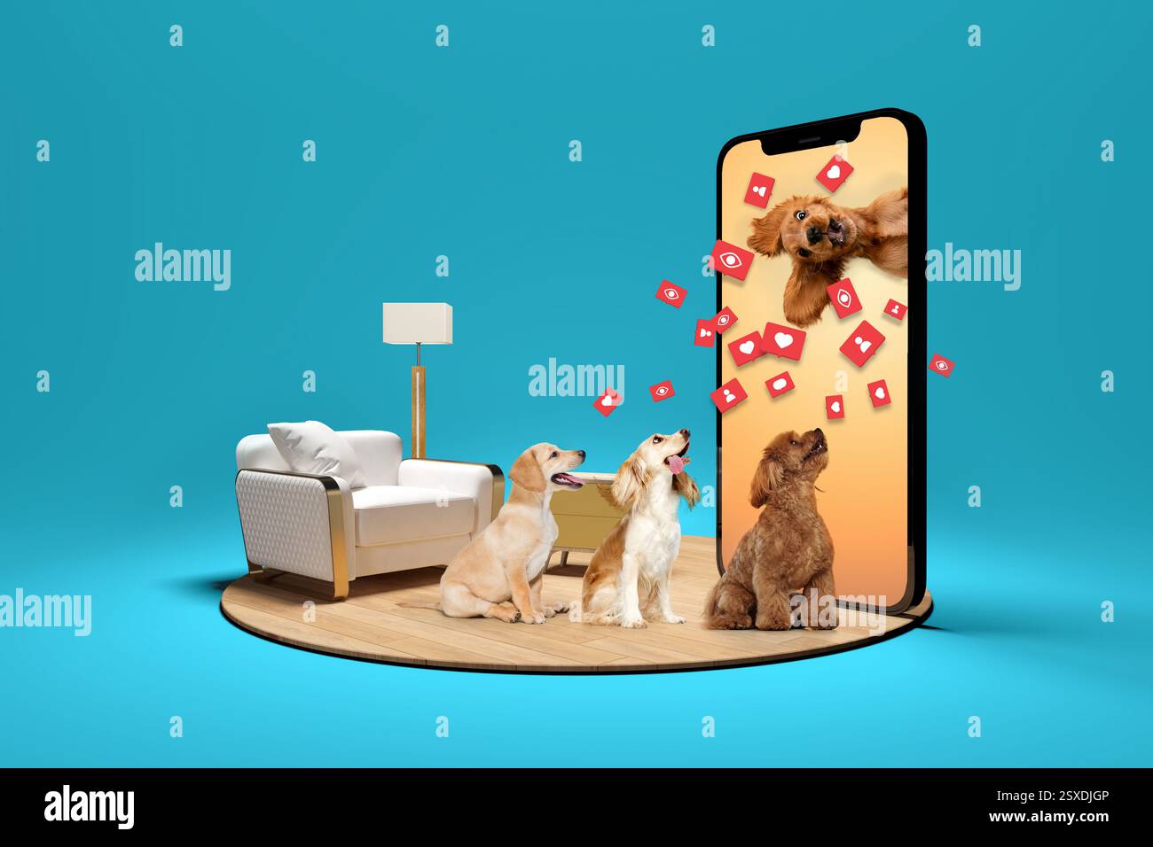 Dog Using Smartphone Social media pets. Three dogs eagerly watching screen as digital pet ...