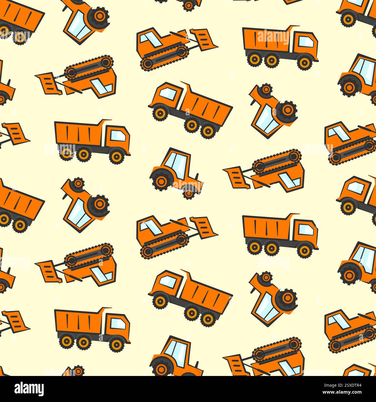 Cute kids pattern with flat orange dozer, tractor Stock Vector