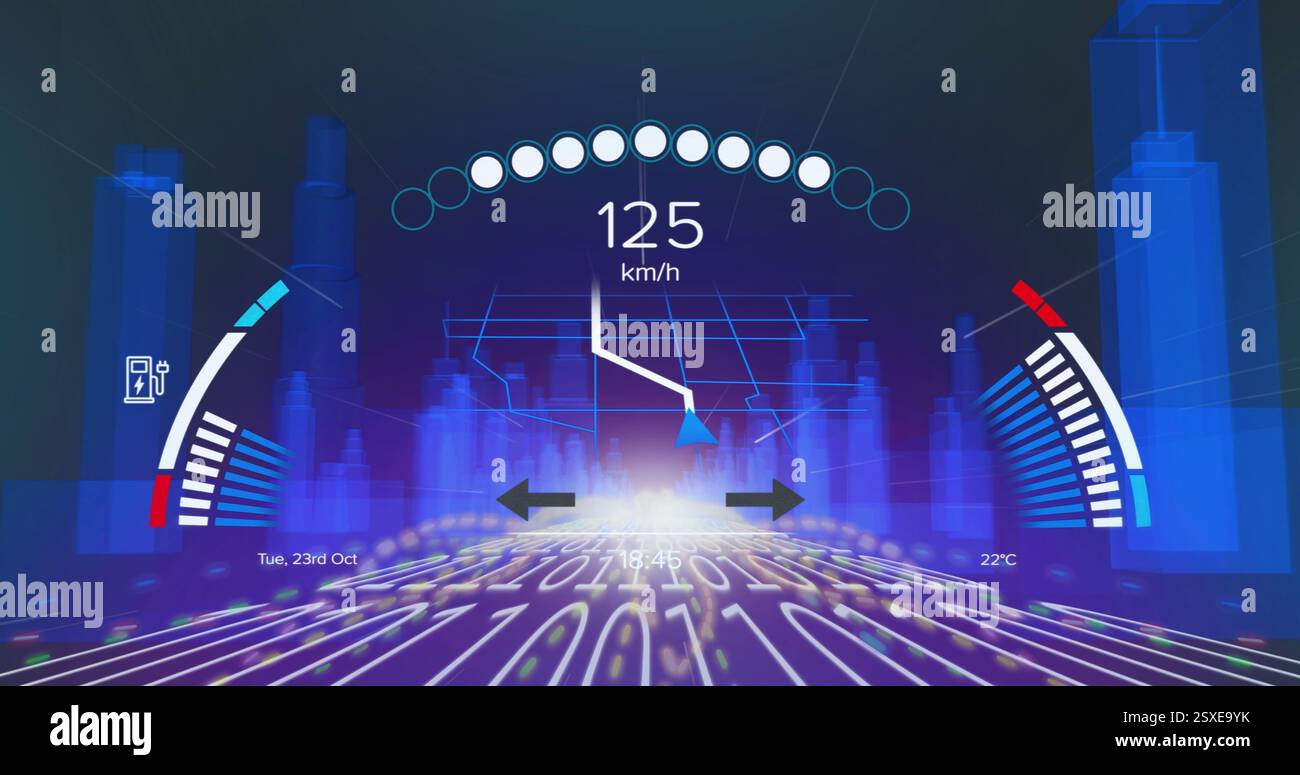 Image of speedometer and data processing over binary coding Stock Photo
