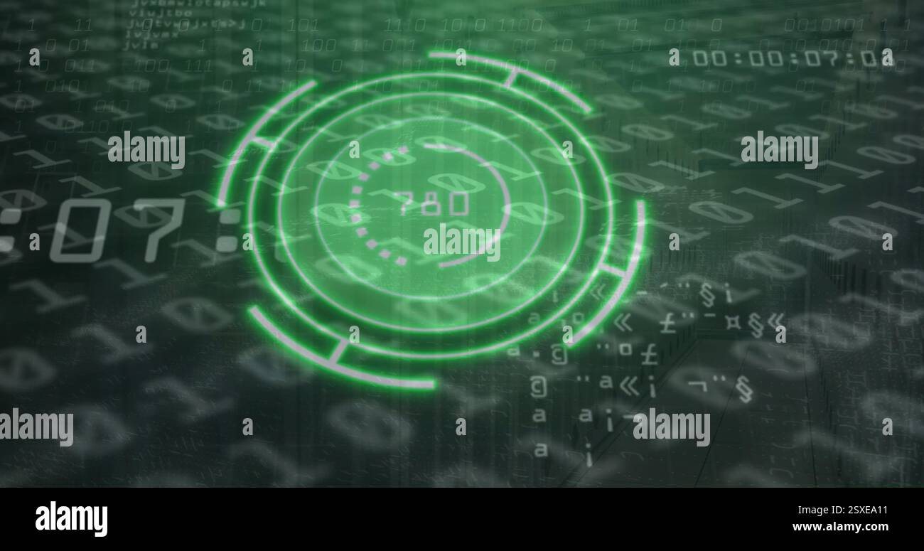Image of neon scope scanning over binary coding Stock Photo