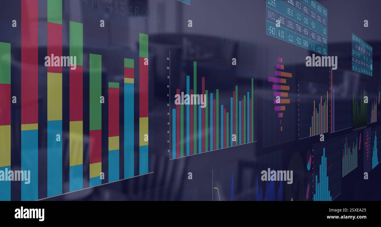 Image of data processing and diagrams over office Stock Photo - Alamy