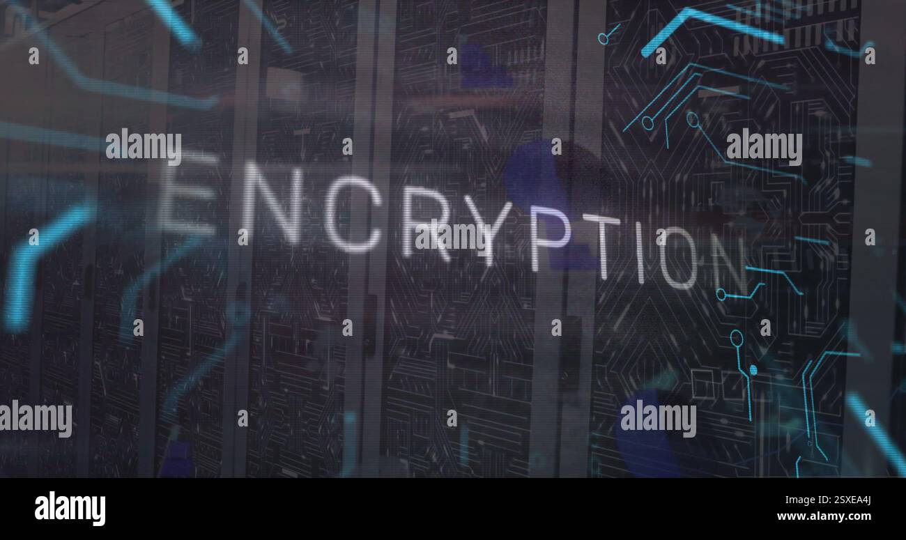 Image of encryption text and data processing over computer servers Stock Photo
