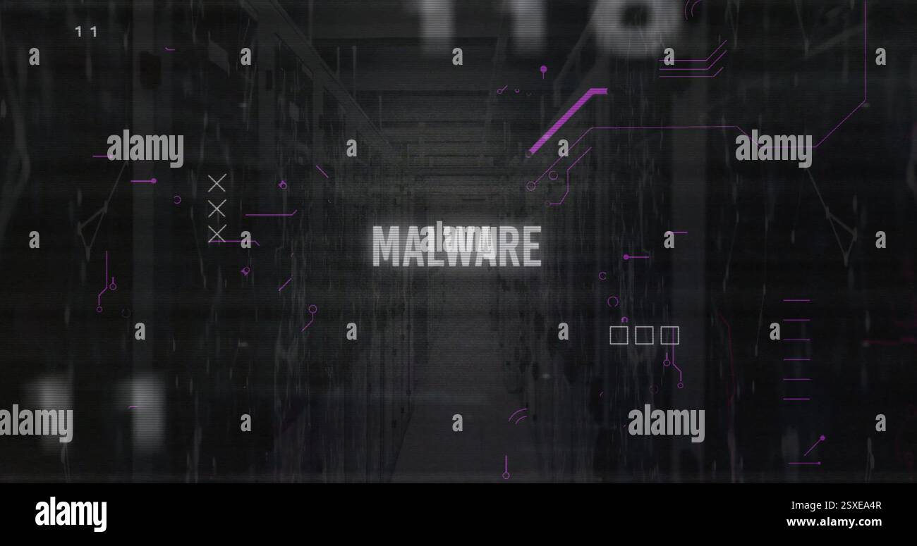 Image of malware text and data processing over computer servers Stock Photo
