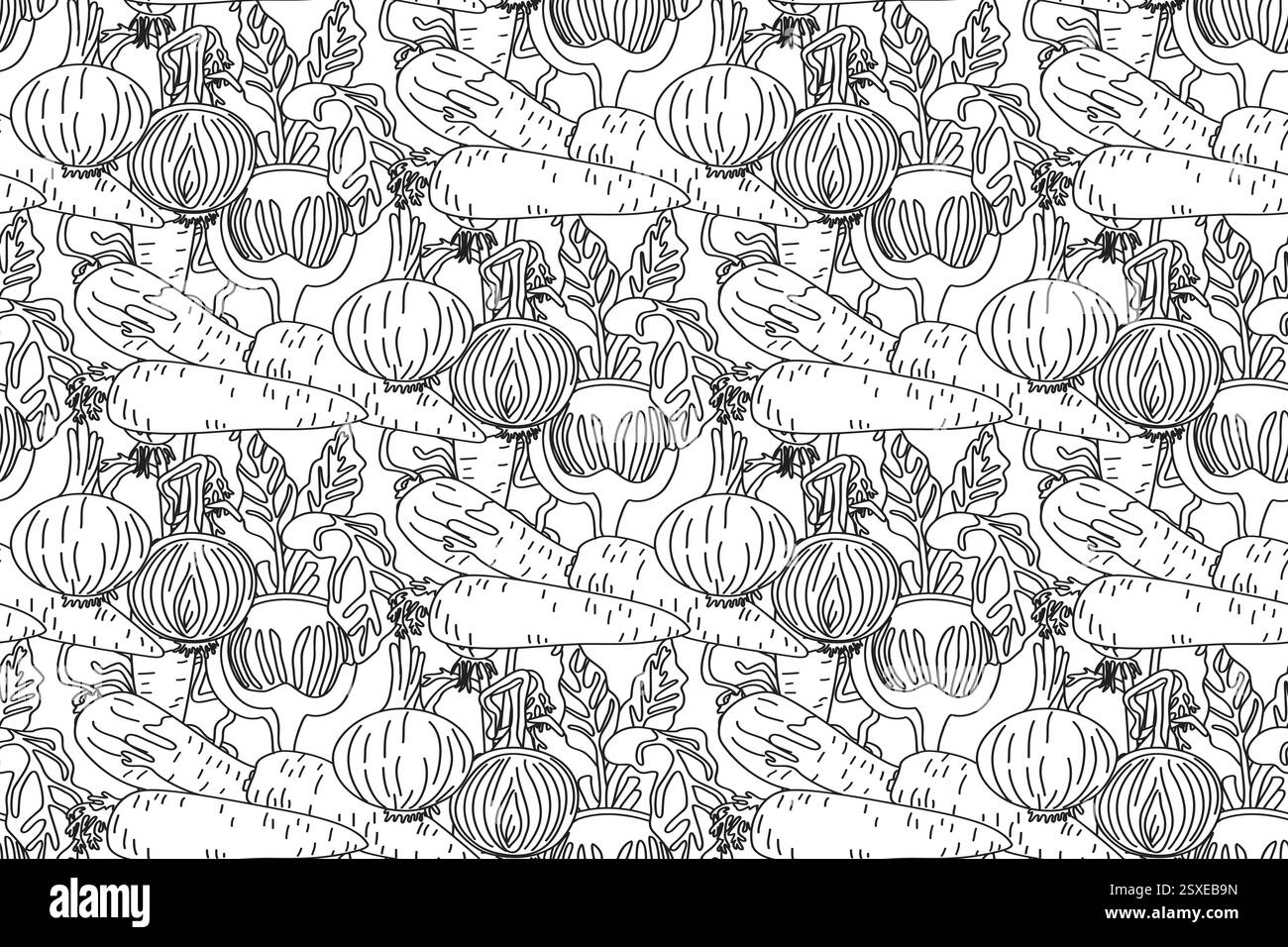 Line art seamless pattern with carrots, onions, beets vector illustration. Hand drawn outline repeating vegetables pattern background. Graphic design Stock Vector